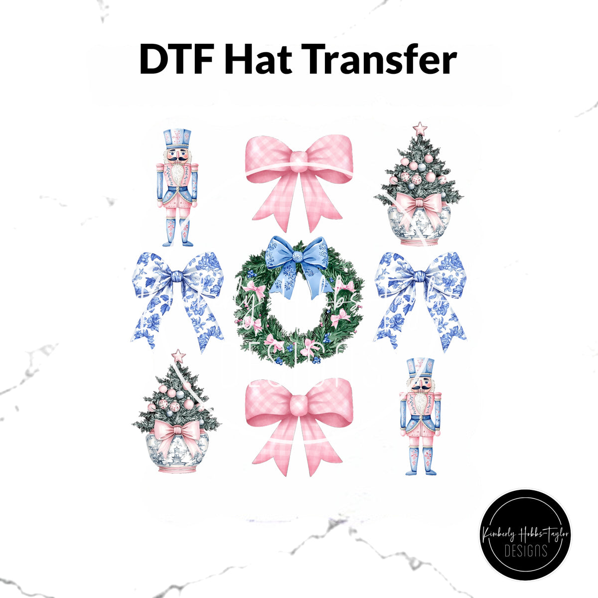 DTF Hat Transfer - Blue Pink Chinoiserie Santa