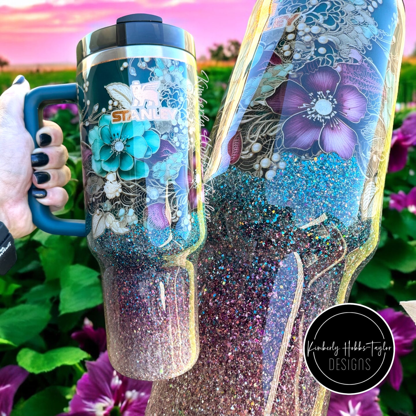 Teal Floral Ombré Stanley tumbler - 40oz