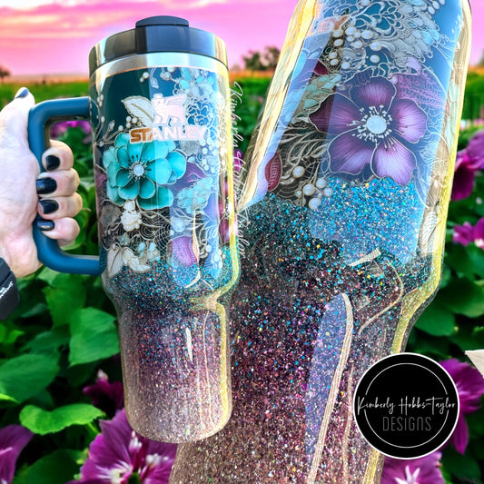 Teal Floral Ombré Stanley tumbler - 40oz