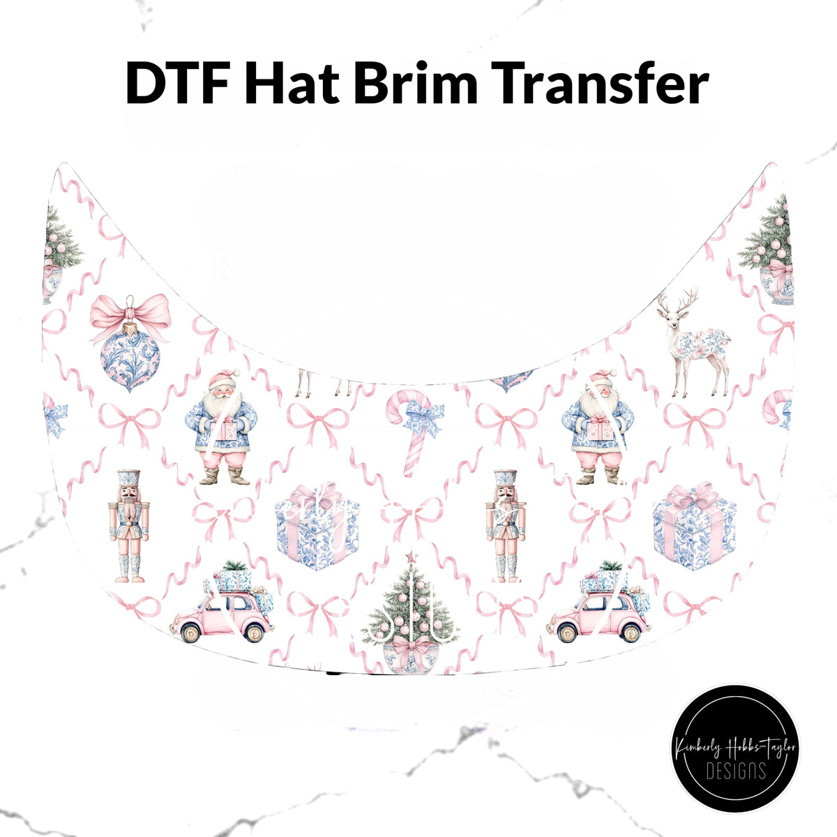 DTF Hat Brim Transfer - Blue Pink Chinoiserie Santa