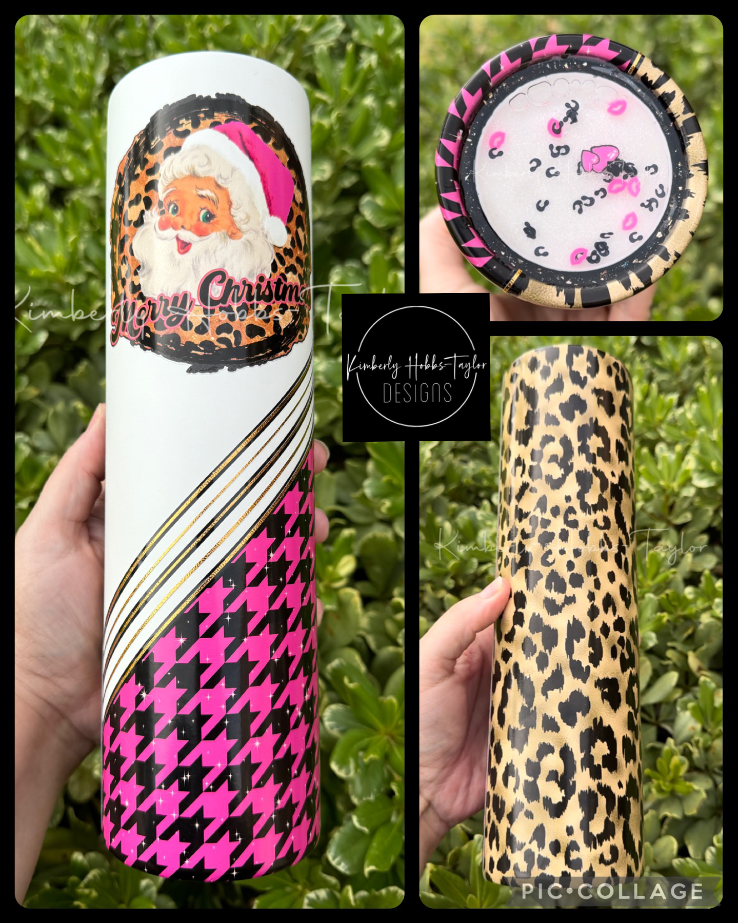 Hot Pink Vintage Santa tumbler with Snowglobe bottom - 32oz