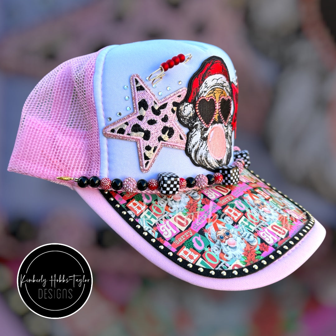 Vintage Pink Red Christmas Santa Trucker Hat