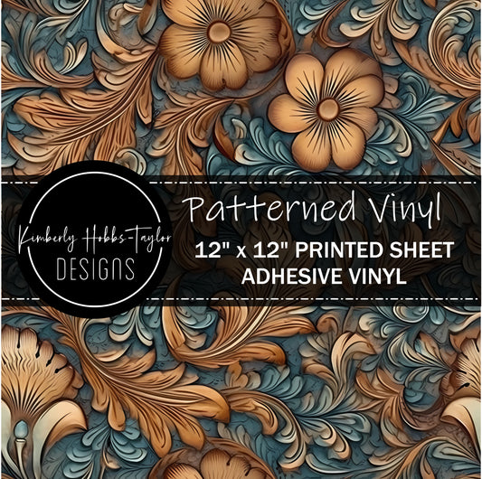 Tooled Leather Blue and Tan vinyl