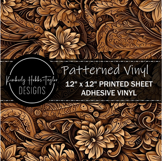 Tooled Leather Light and Dark Tan vinyl
