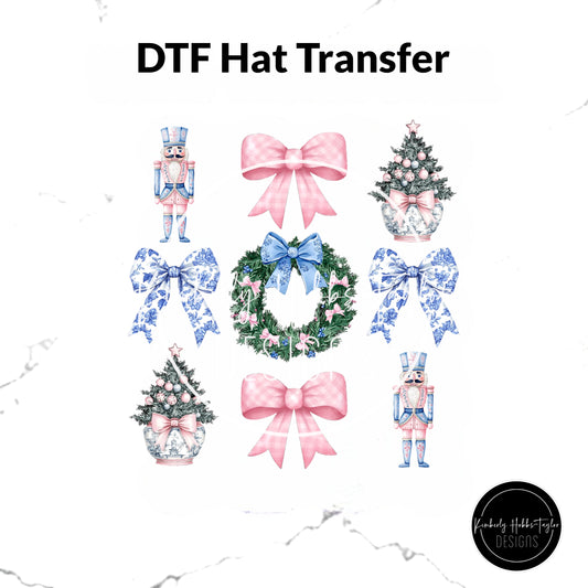 DTF Hat Transfer - Blue Pink Chinoiserie Santa
