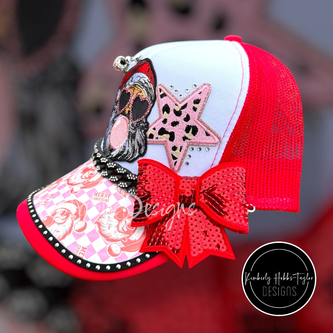 Vintage Red Pink Christmas Santa Trucker Hat