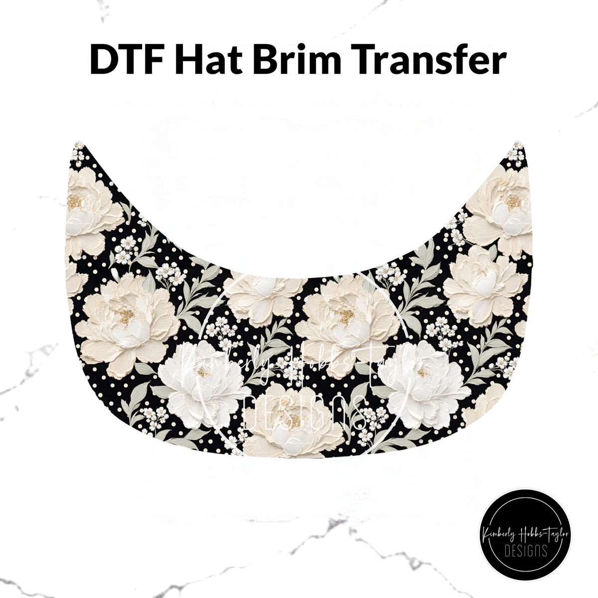 DTF Hat Brim Transfer - 3D White Black Floral