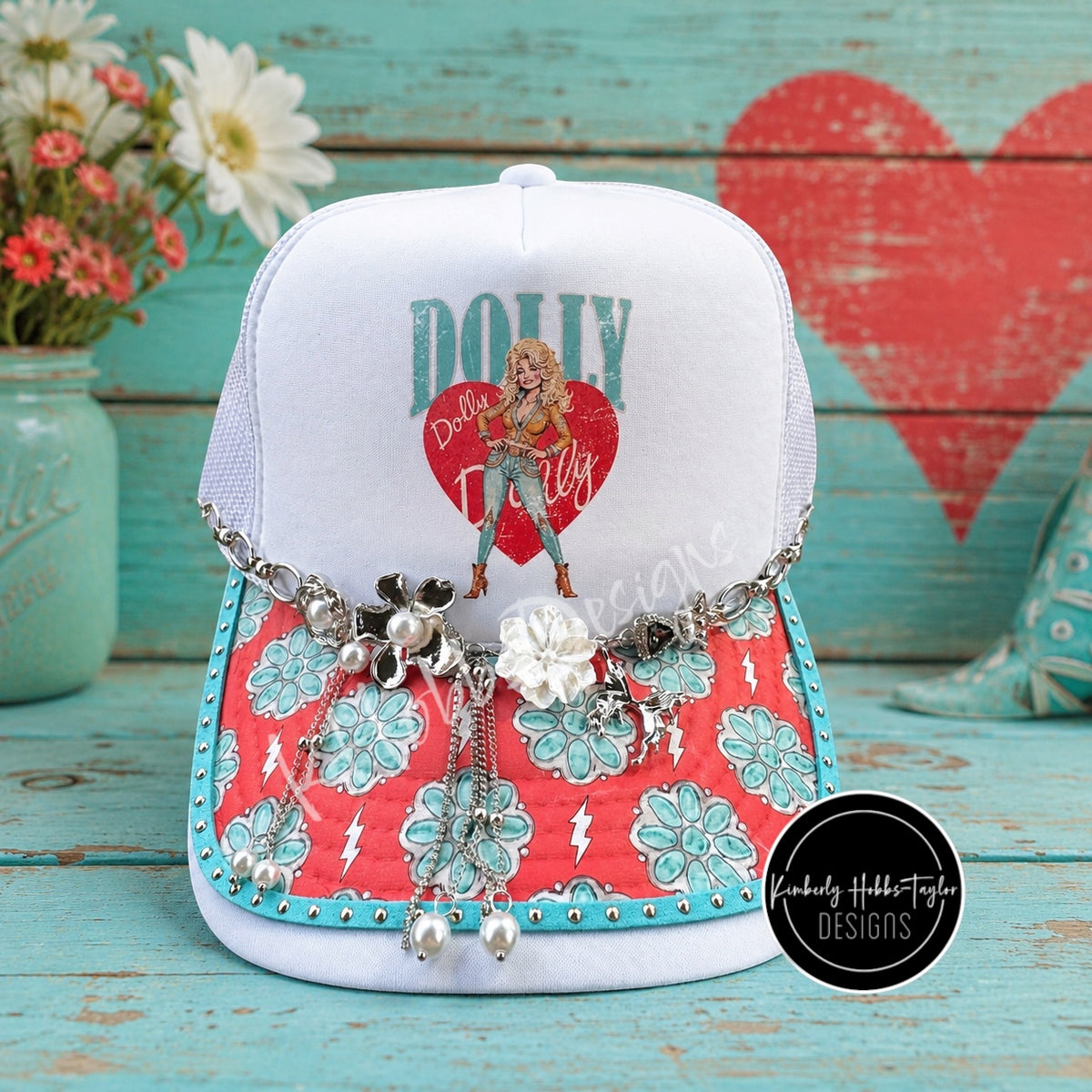 DTF Hat Brim Transfer - Turquoise Red Pendants