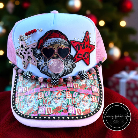 Vintage Pink Red Christmas Santa Trucker Hat
