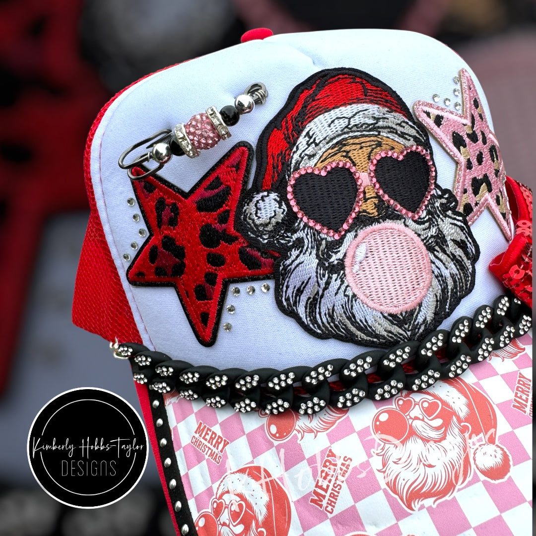 Vintage Red Pink Christmas Santa Trucker Hat