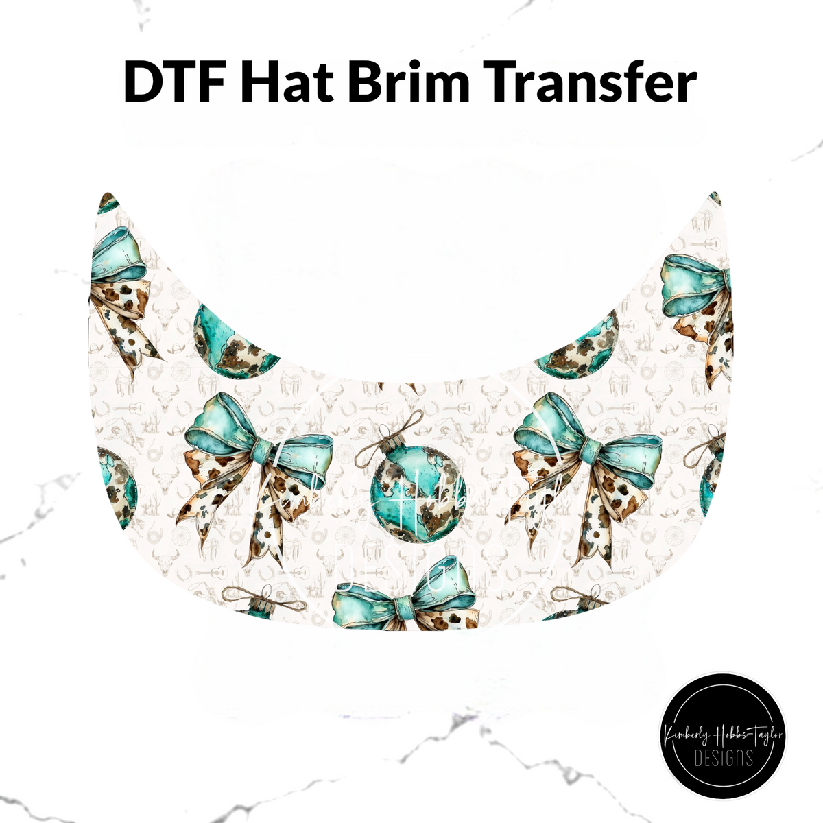 DTF Hat Brim Transfer - Turquoise Cowhide and Bows