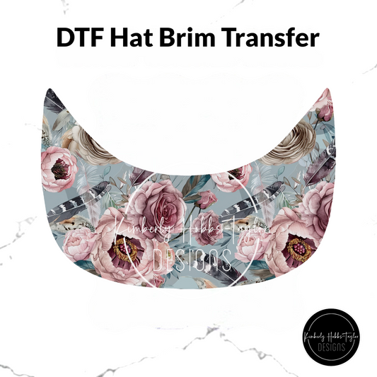 DTF Hat Brim Transfer - Purple Floral Feathers