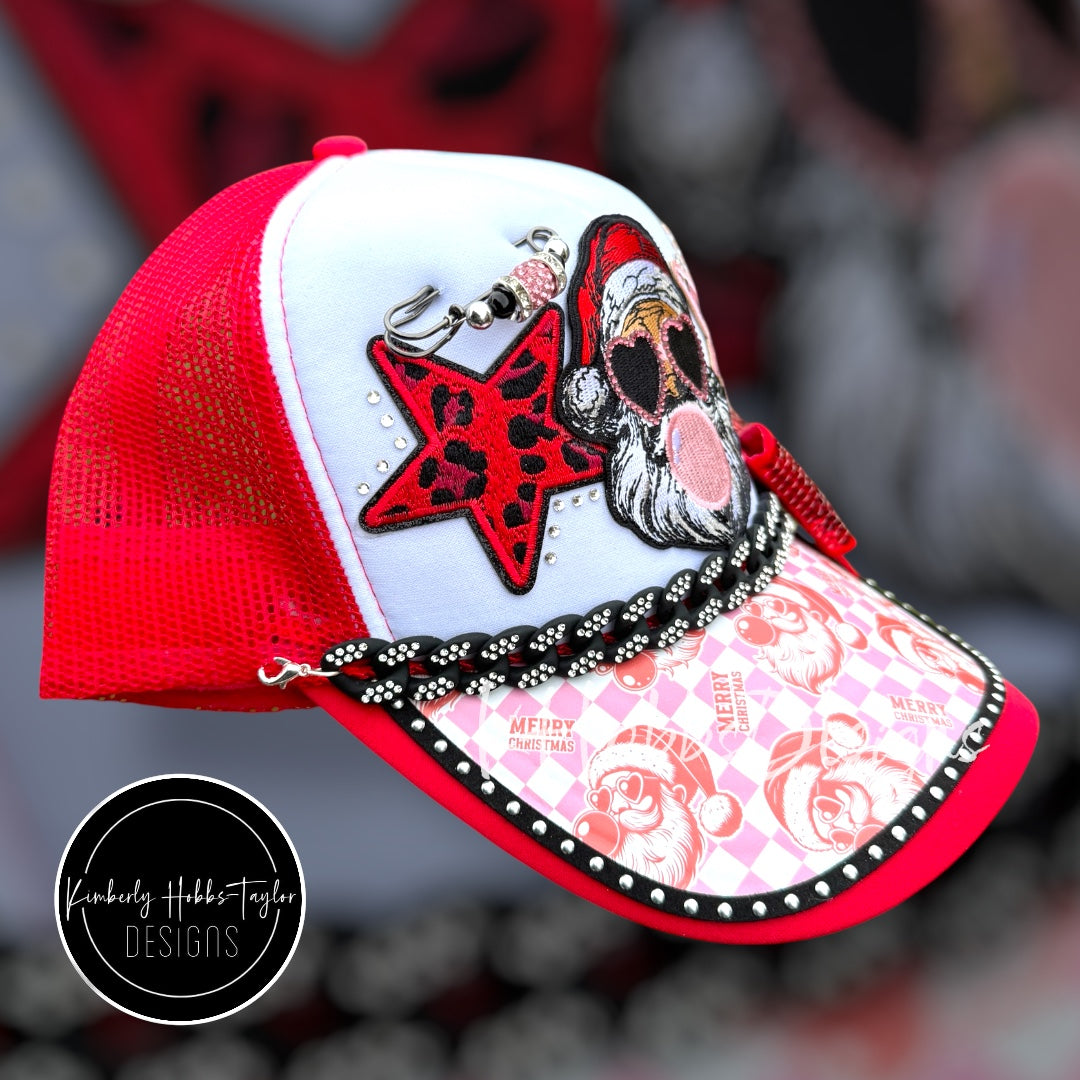 Vintage Red Pink Christmas Santa Trucker Hat