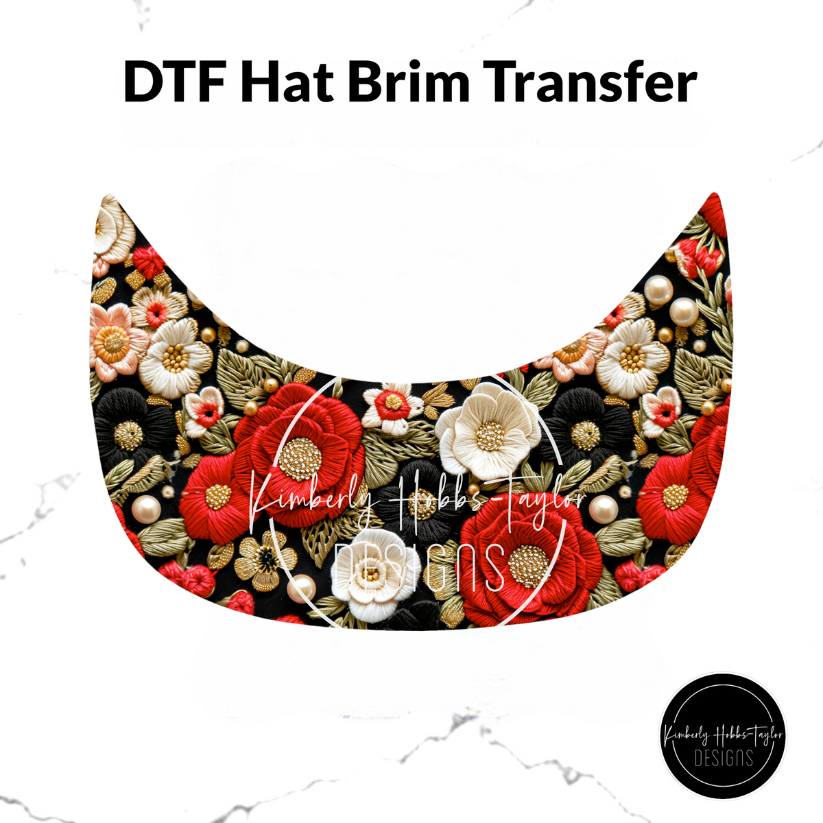 DTF Hat Brim Transfer - Red Black Embroidered Floral