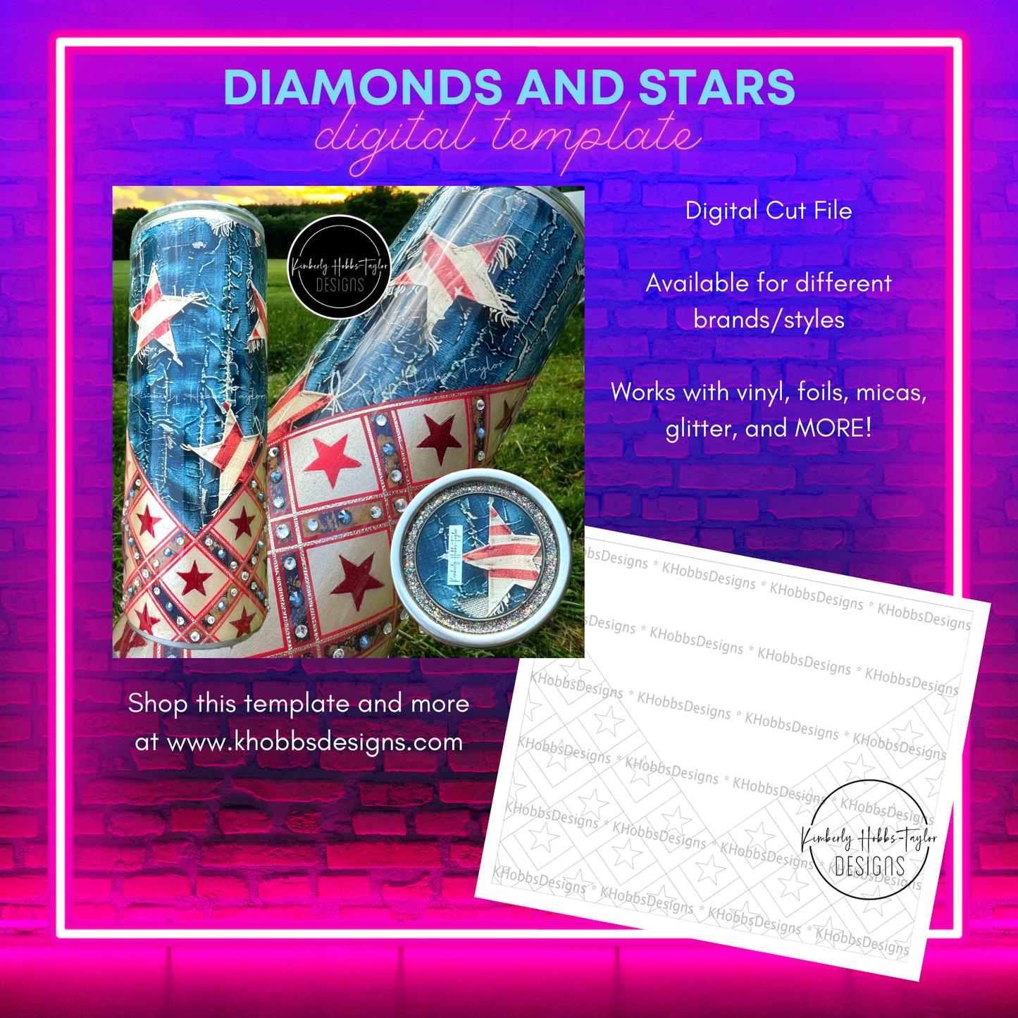 Diamonds and Stars Template for Craft Haven 20oz Skinny Straight - Digital Cut File Only