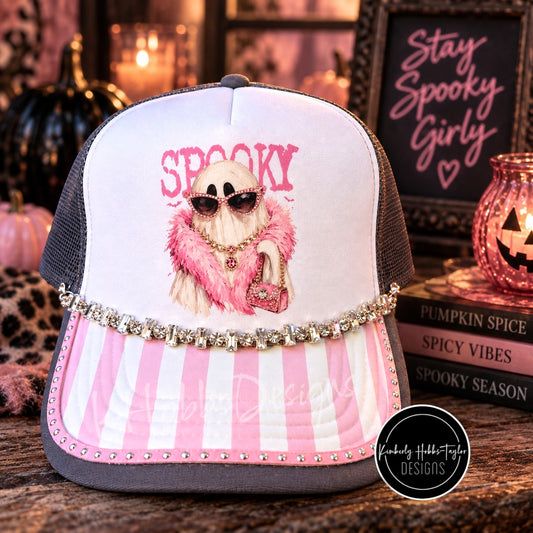Pink Striped Spooky on Grey - Trucker Hat