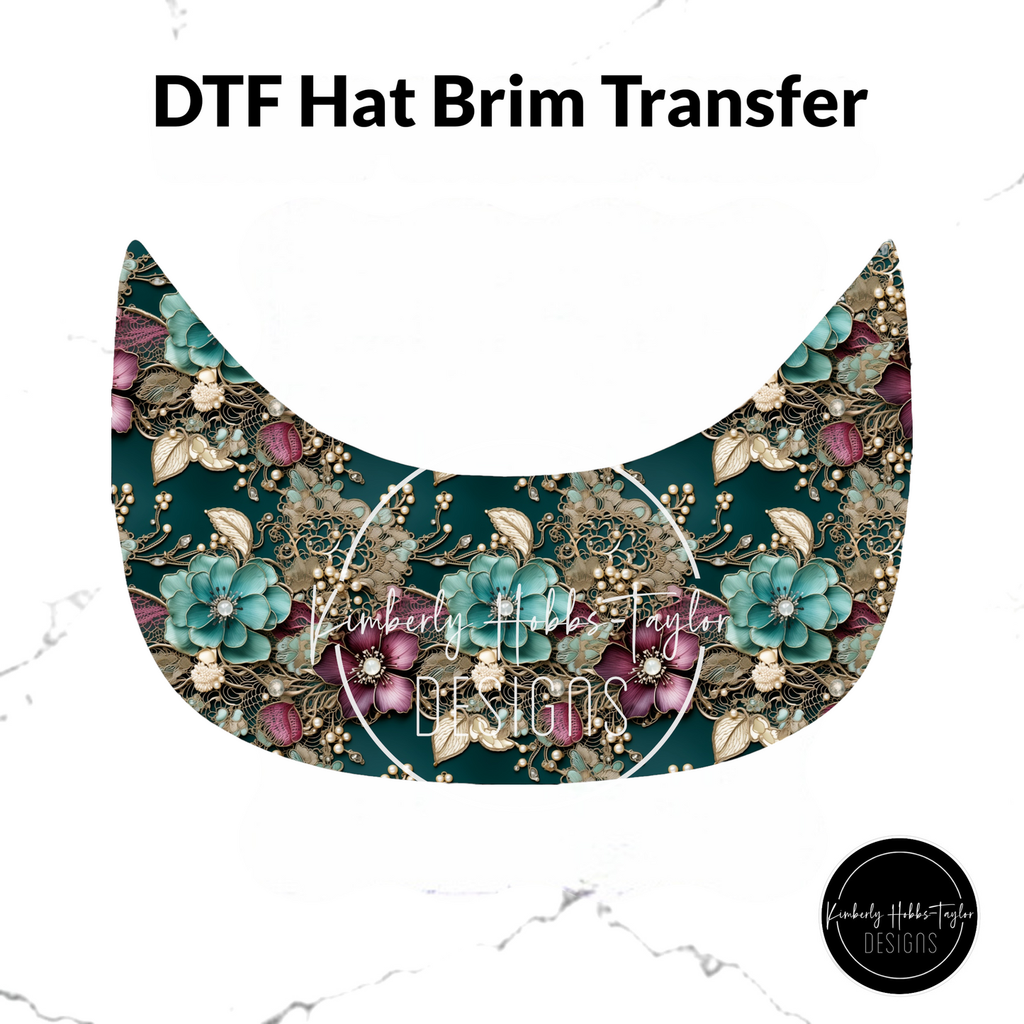 DTF Hat Brim Transfer - Teal Florals and Lace C