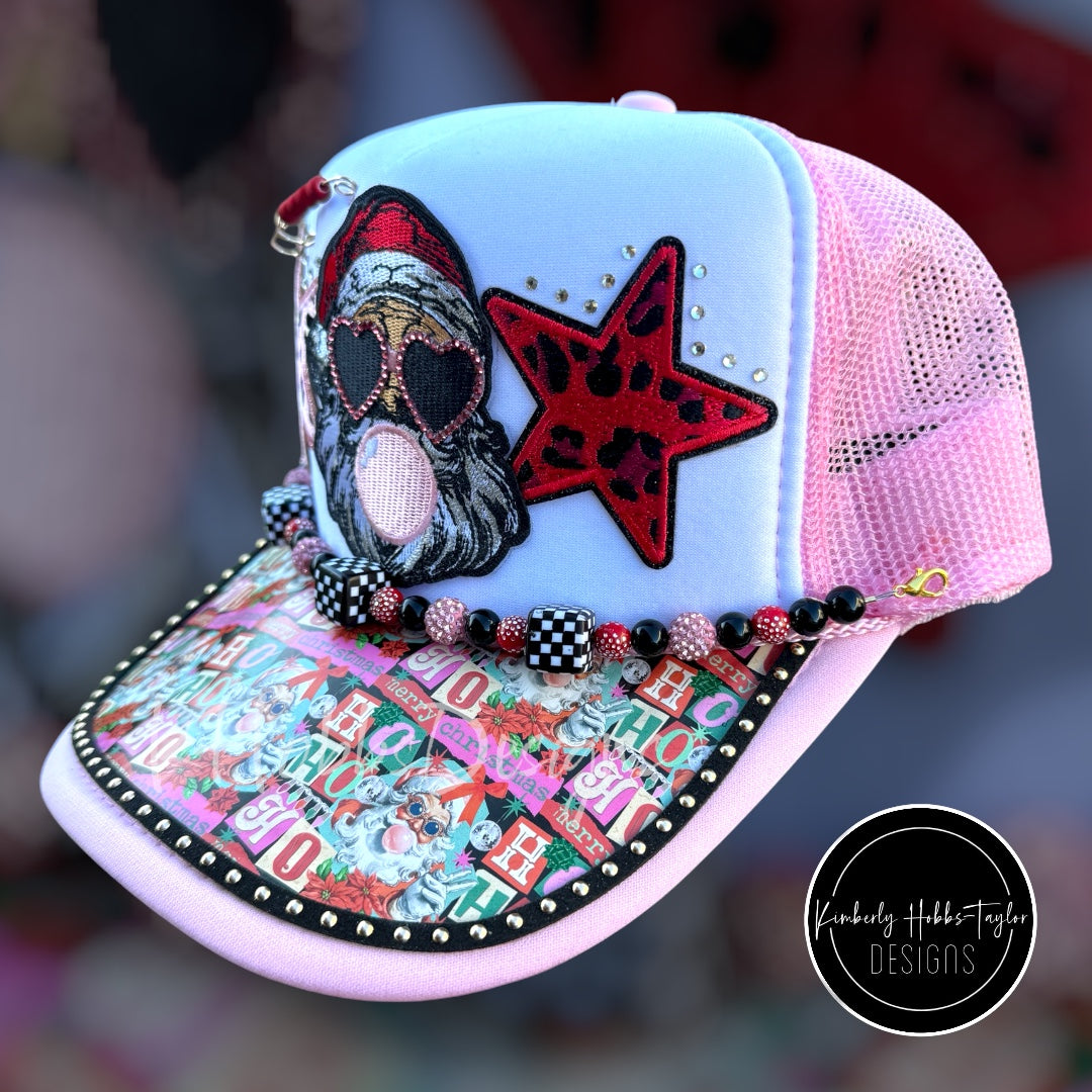 Vintage Pink Red Christmas Santa Trucker Hat