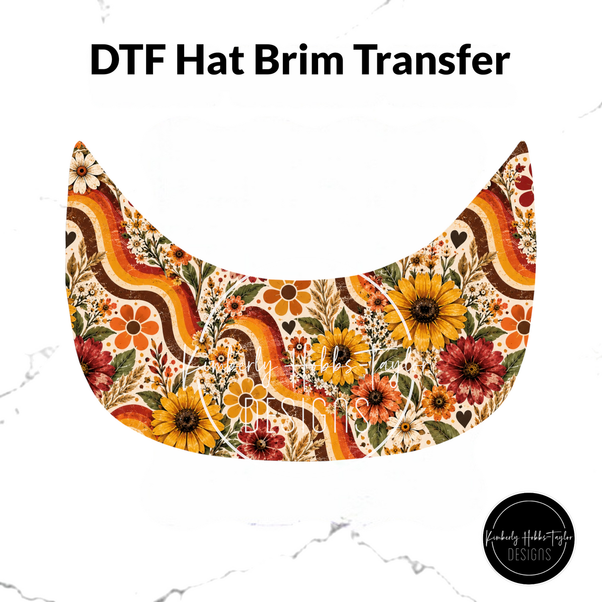 DTF Hat Brim Transfer - Retro Orange Black Floral