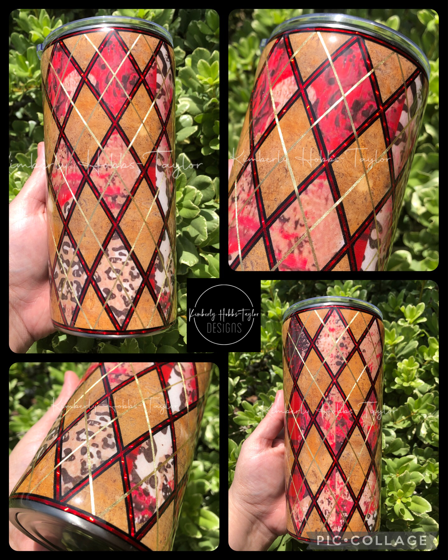 Red and Brown Floral Diamond tumbler - 22oz