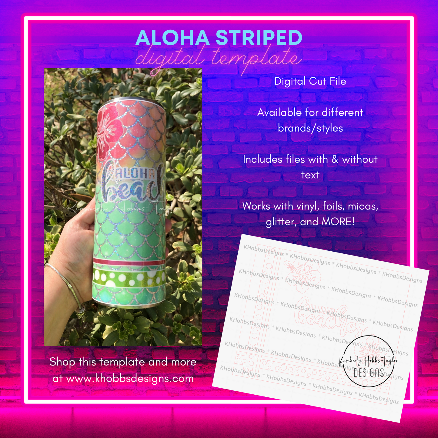 Aloha Striped Template for Craft Haven 20oz Skinny Straight - Digital Cut File Only